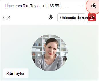 Interface de chamada com controlos de desativação de som, obtenção de controlo e fim da chamada.