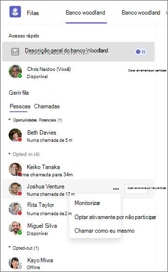 Sistema de gestão de filas a mostrar os estados e opções do agente para monitorizar, optar ativamente por não participar ou chamar.