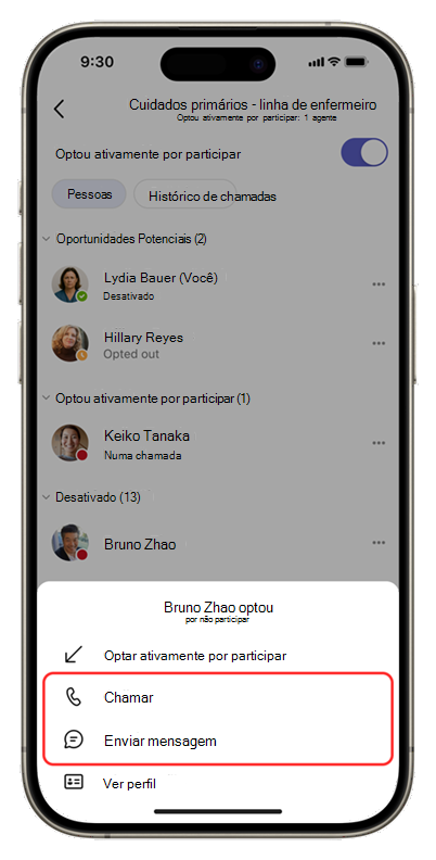 Captura de ecrã da aplicação Filas em dispositivos móveis a mostrar opções para interagir com um membro da equipa.