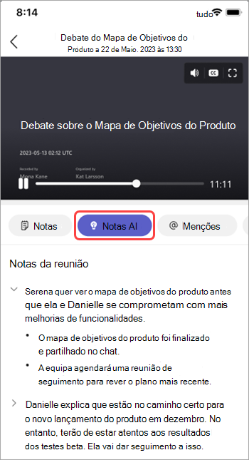 Veja as notas geradas por IA no resumo da reunião do Teams.