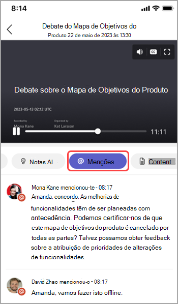 Veja menções de nomes no resumo da reunião do Teams.