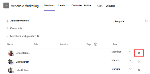 Captura de ecrã de uma lista de membros da equipa com as opções adicionar membro, procurar e remover. Selecione o X à direita do nome de um membro da equipa para removê-lo.