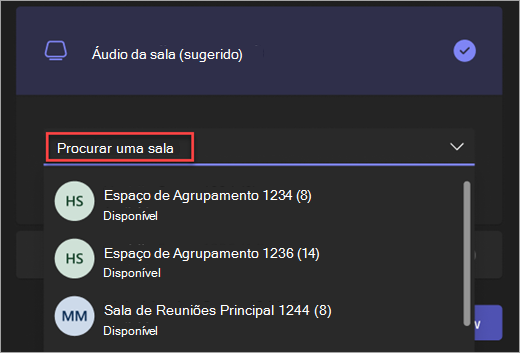 Captura de ecrã da barra de pesquisa para a opção Áudio da sala no ecrã de pré-adesão da reunião do Teams.