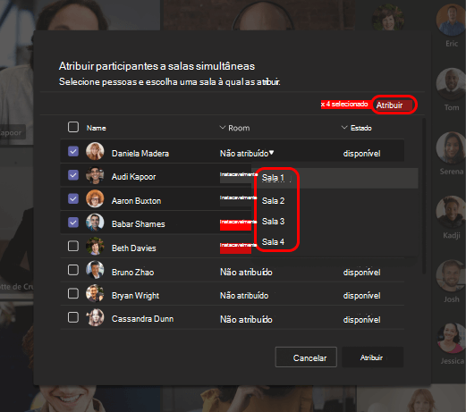 Imagem a mostrar como selecionar salas simultâneas para os participantes.