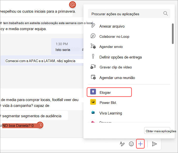 Captura de ecrã a mostrar como enviar elogios a alguém numa conversa