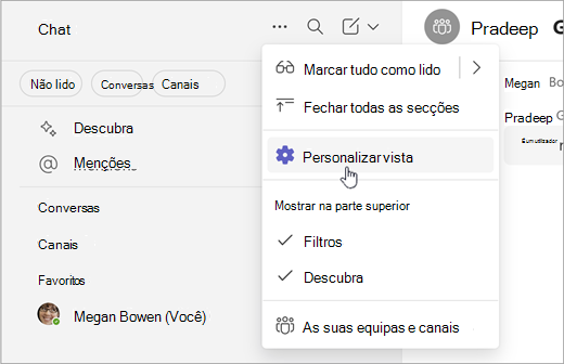 Captura de ecrã da forma de personalizar a vista na Collab Simples