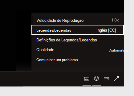 Menu de definições das legendas