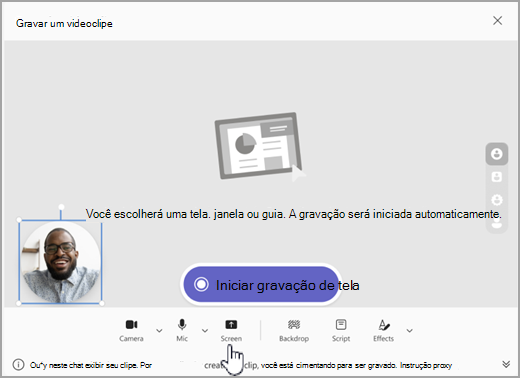 Captura de ecrã da opção para iniciar a gravação de ecrã no Microsoft Teams.