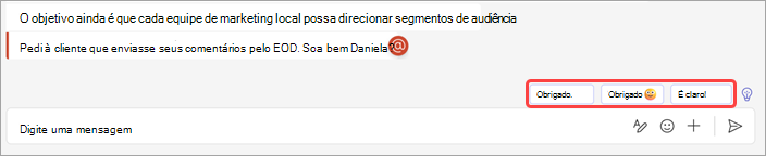Captura de ecrã a mostrar respostas sugeridas no chat