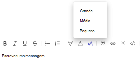 Barra de ferramentas alterar tamanho do tipo de letra do chat do Teams