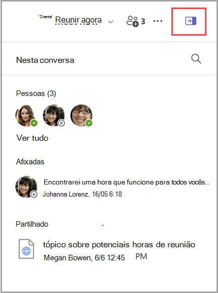 Captura de ecrã de como revelar um painel de informações do chat que inclui uma lista de 3 pessoas, 1 mensagem afixada e 1 documento partilhado.