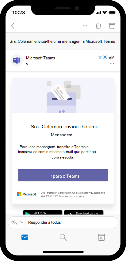 Captura de ecrã do e-mail num dispositivo móvel a convidar o encarregado de educação para abrir a mensagem de educadores no Teams.