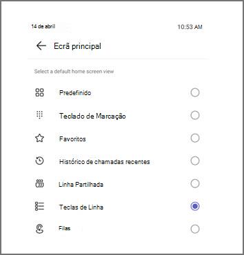 Menu para selecionar a vista de ecrã principal predefinida, com As Teclas de Linha atualmente selecionadas.
