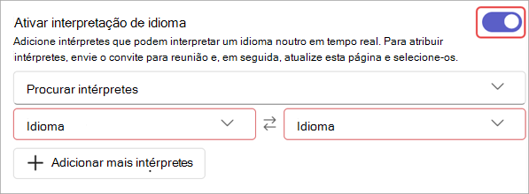 Captura de ecrã a mostrar as definições de interpretação de idioma nas opções de reunião.
