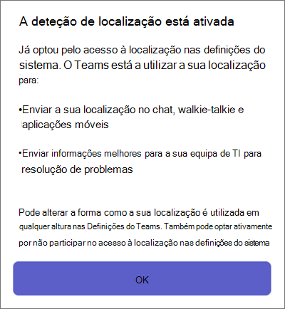 Deteção de localização do Teams em dispositivos móveis