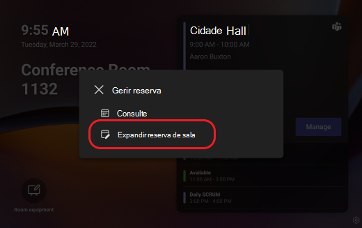 painel do Teams prolongar a reserva de quarto