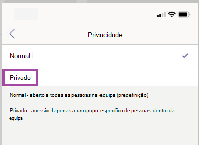 Definições do canal privado.