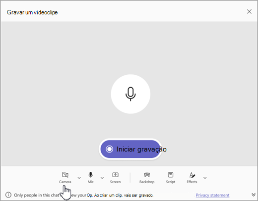 Captura de ecrã da opção para gravar um clip de vídeo que seja áudio apenas no Microsoft Teams.
