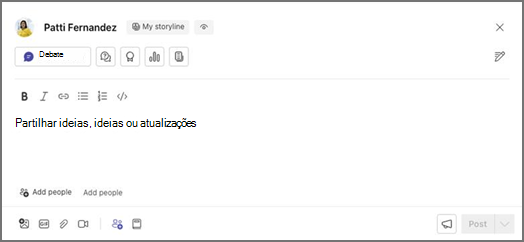 Caixa de introdução de texto com o nome O meu enredo e um botão Discussão, opções de formatação e marcadores de posição para partilhar, adicionar pessoas e publicar.