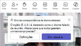 Captura de ecrã de uma notificação do Teams a pedir para atualizar um idioma falado das reuniões.