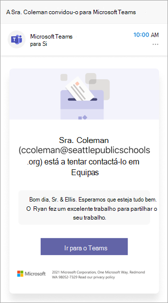 Captura de ecrã móvel do convite de educadores para participar em conversações no Teams.