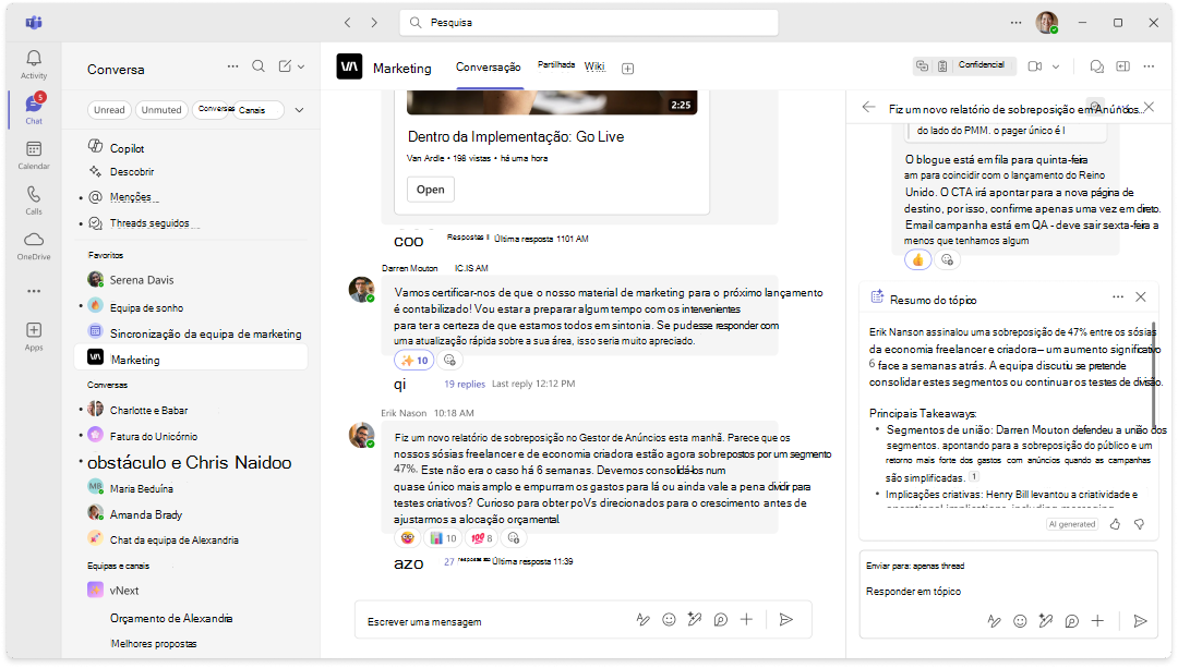 Captura de ecrã de um resumo do Copilot num tópico de canal