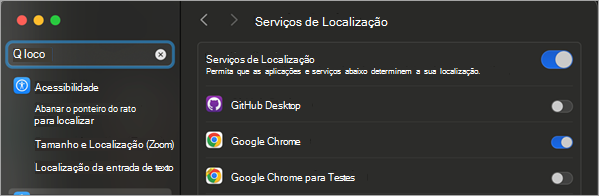 Imagem a mostrar a janela Segurança e privacidade com serviços de ativação de localização destacados.