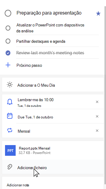 Vista detalhada da tarefa Preparação para apresentação com Report.pptx mensais anexadas e opção para Adicionar ficheiro selecionada