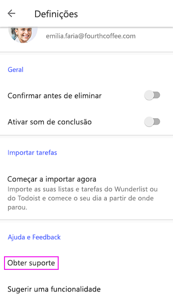 Ecrã Definições do To Do para Android com a opção Obter suporte selecionada em Ajuda e feedback
