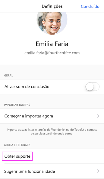 Ecrã Definições do To Do iOS com Obter suporte selecionado em Ajuda e feedback