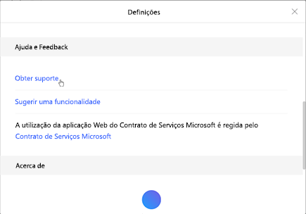 Definições do Microsoft To Do na Web com a opção Obter suporte selecionada em Ajuda e feedback