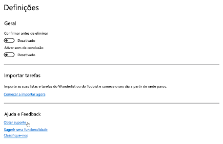 Definições do Windows To Do com Obter suporte selecionado em Ajuda e comentários