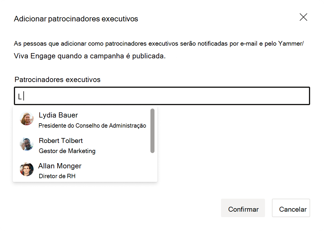 Captura de ecrã do campo de entrada para patrocinadores executivos.