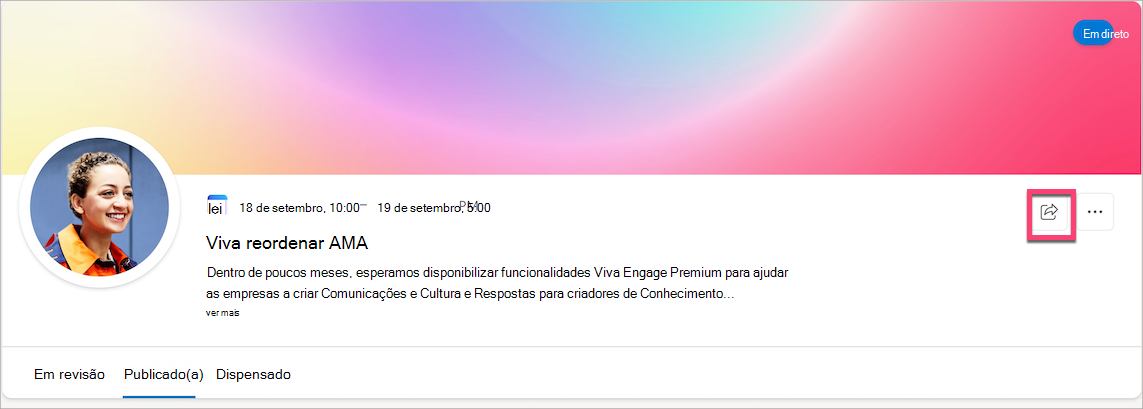 Captura de ecrã a mostrar o ícone de partilha na página do evento AMA.