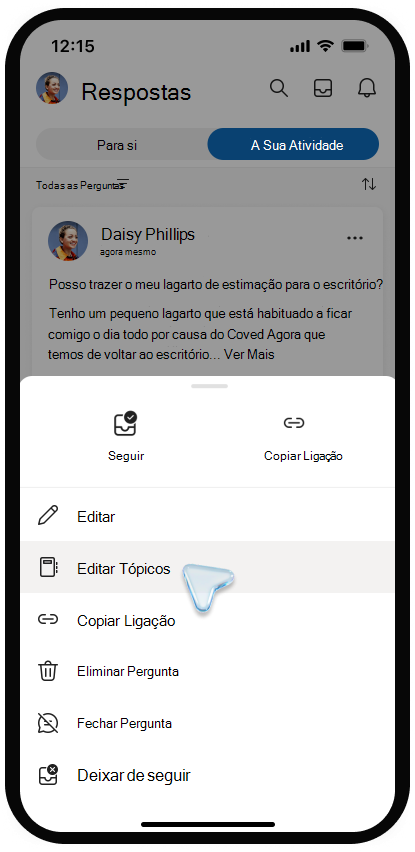 Captura de ecrã do menu para editar tópicos no Viva Engage num dispositivo móvel.