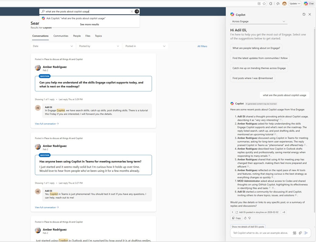 Captura de ecrã de um exemplo de resultados de pesquisa completo, obtido a partir de uma consulta Copilot