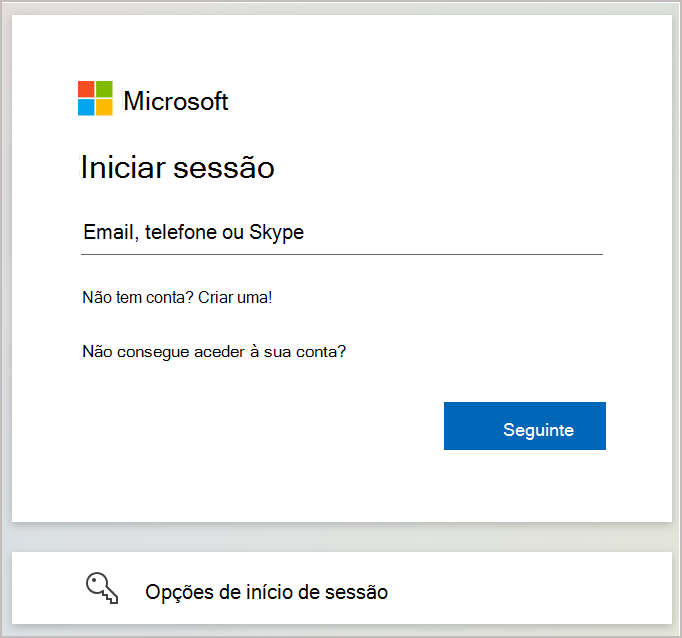Captura de ecrã a mostrar a caixa de diálogo de início de sessão onde introduz o e-mail ou número de telefone associado à sua conta Microsoft.
