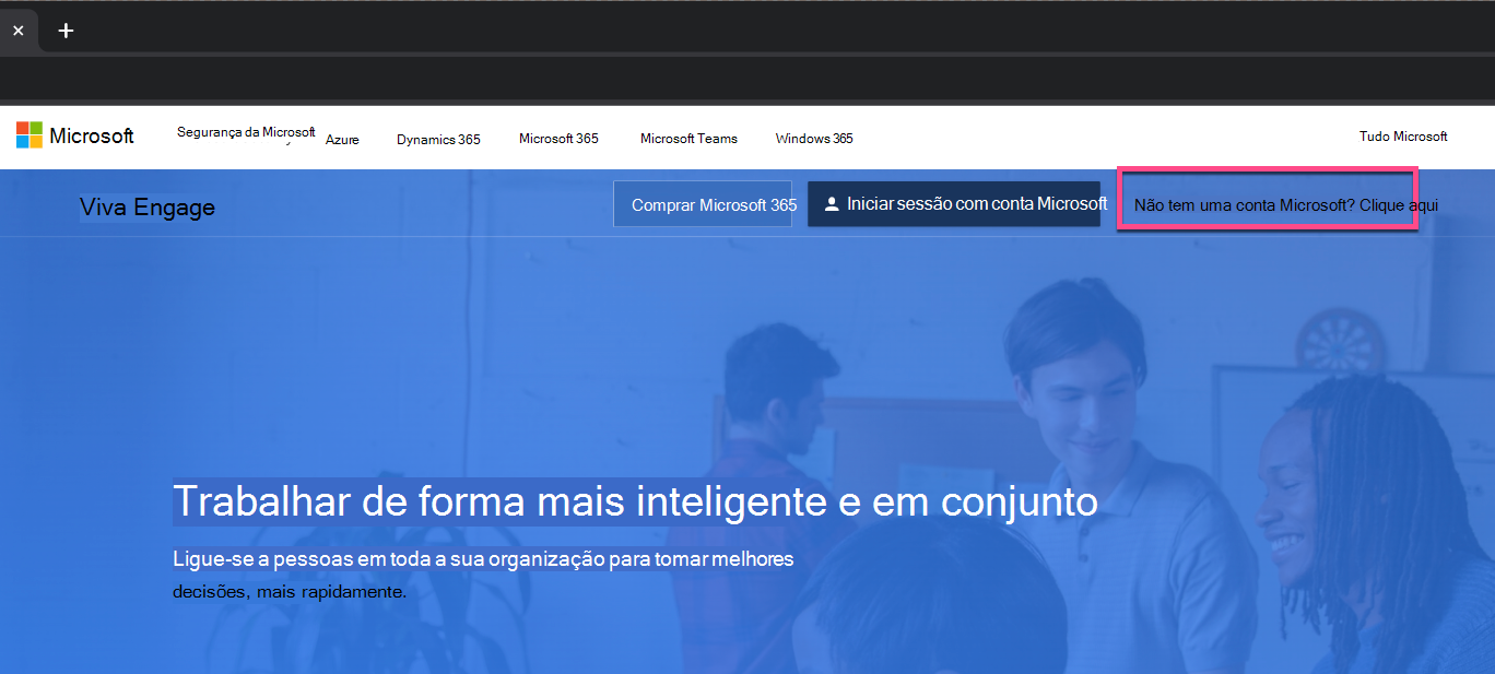 Captura de ecrã a mostrar o novo botão de início de sessão na Viva Engage página.