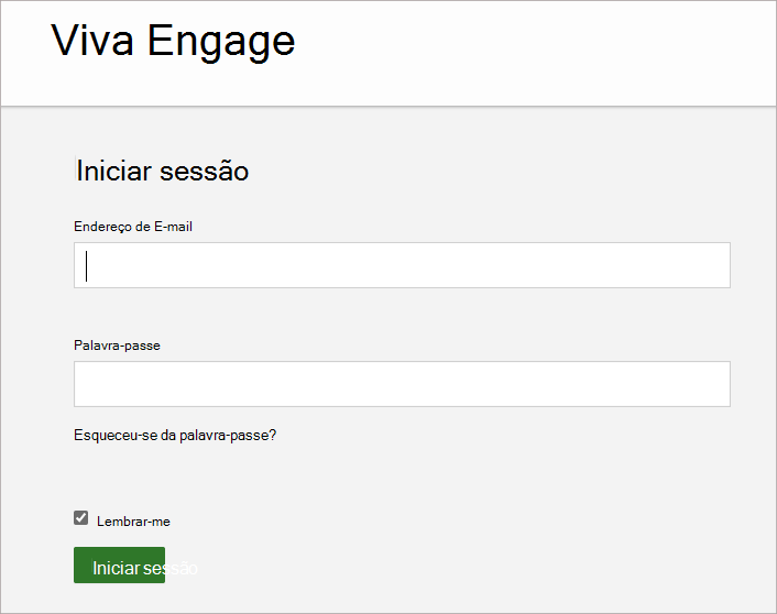 Captura de ecrã a mostrar o ecrã onde introduz o endereço de e-mail e a palavra-passe associados à sua conta Viva Engage.