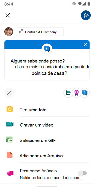 Captura de ecrã a mostrar a composição de uma conversão com a aplicação Do Yammer do Andriod