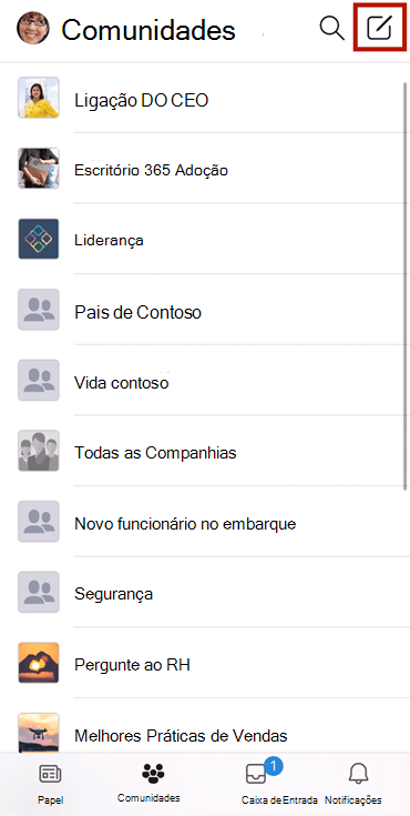 Captura de ecrã a mostrar a composição de uma conversação numa comunidade do Yammer com a aplicação móvel