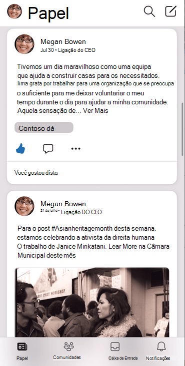 Captura de ecrã a mostrar o feed na aplicação Yammer para iOS