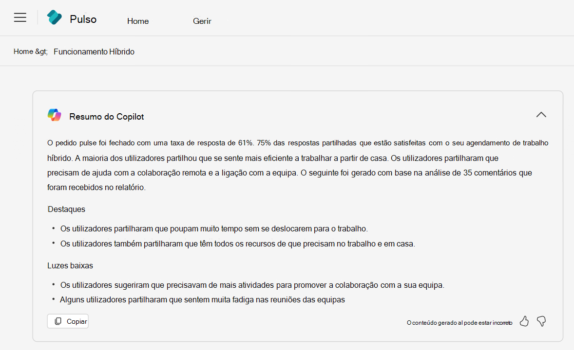 Resumo gerado pelo Copilot para um relatório do Viva Pulse