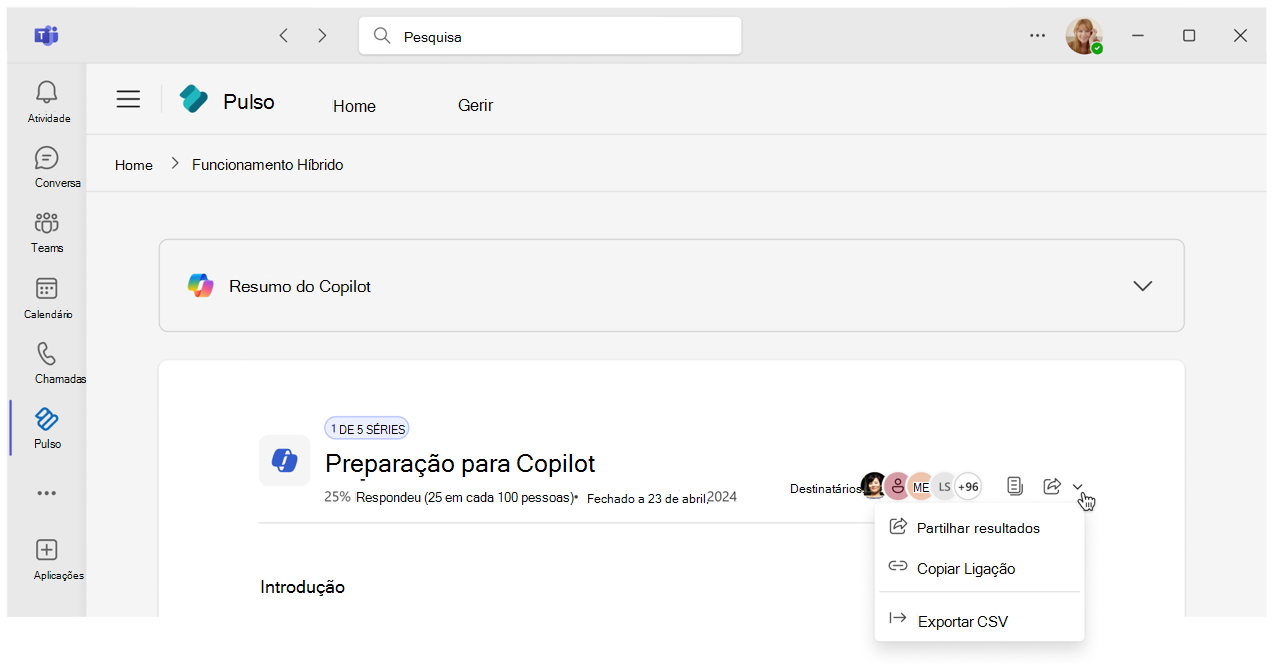 Botão Exportar no relatório pulse