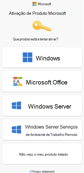 Captura de ecrã da janela de ativação de Produto Microsoft.