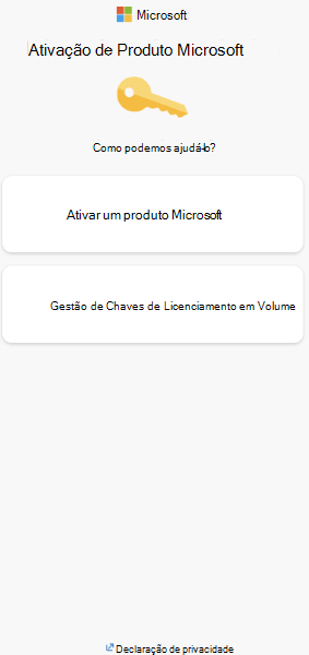 Captura de ecrã das opções de Ativação de Produto Microsoft.