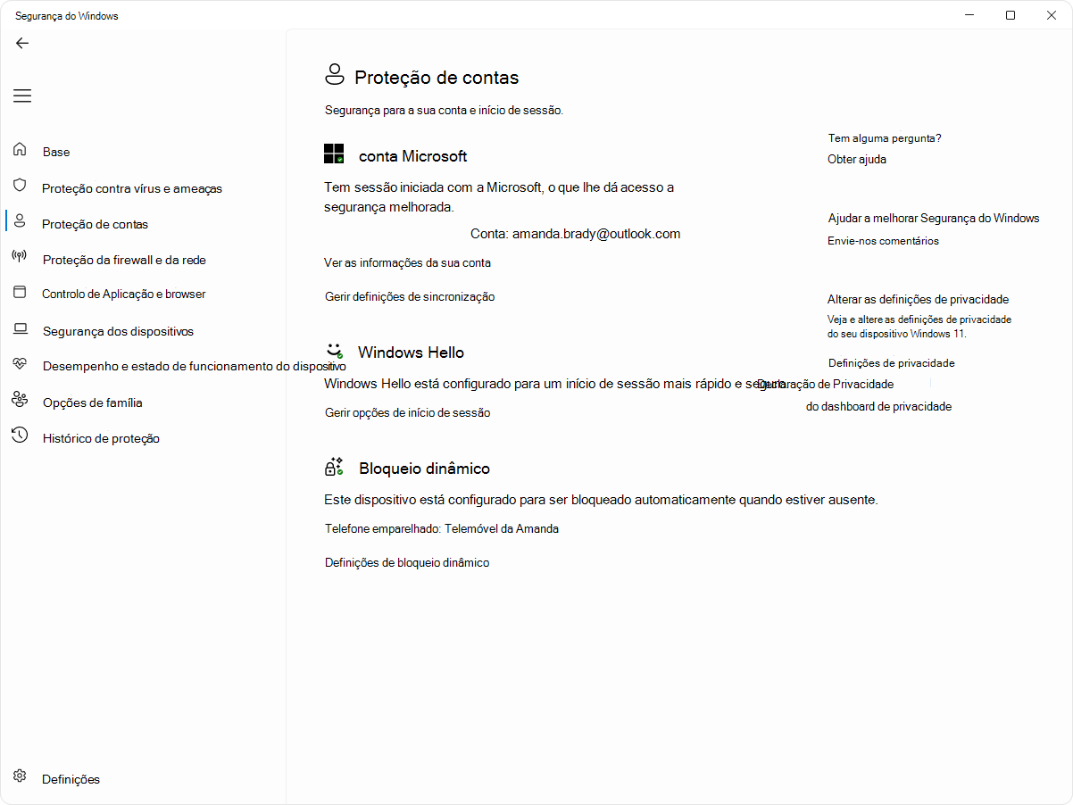 Captura de ecrã da página de proteção de conta da aplicação Segurança do Windows.