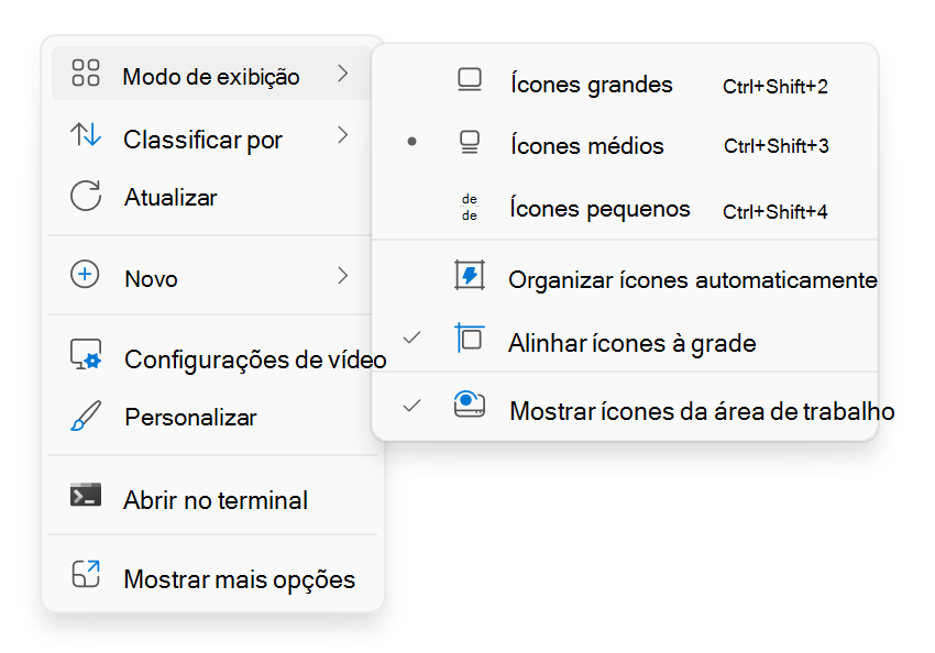 Captura de ecrã do menu contextual no ambiente de trabalho que é apresentado quando clica com o botão direito do rato.
