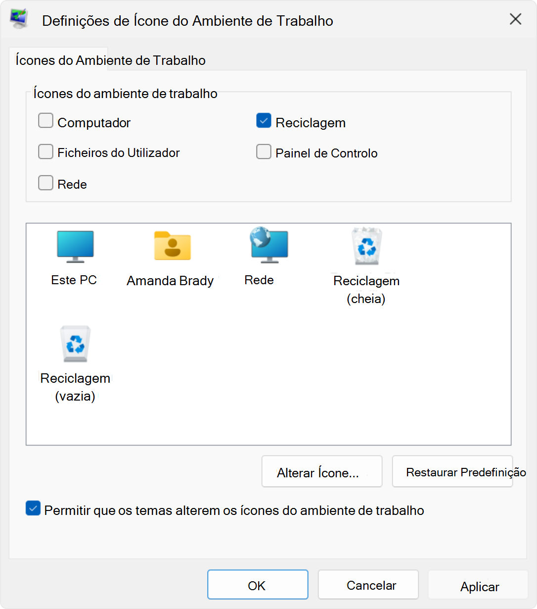 Captura de ecrã a mostrar as definições do ícone de ambiente de trabalho no Windows.