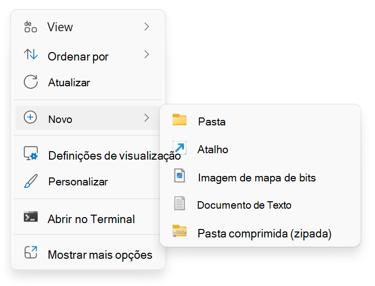 Captura de ecrã a mostrar o botão direito do rato em > Novo.